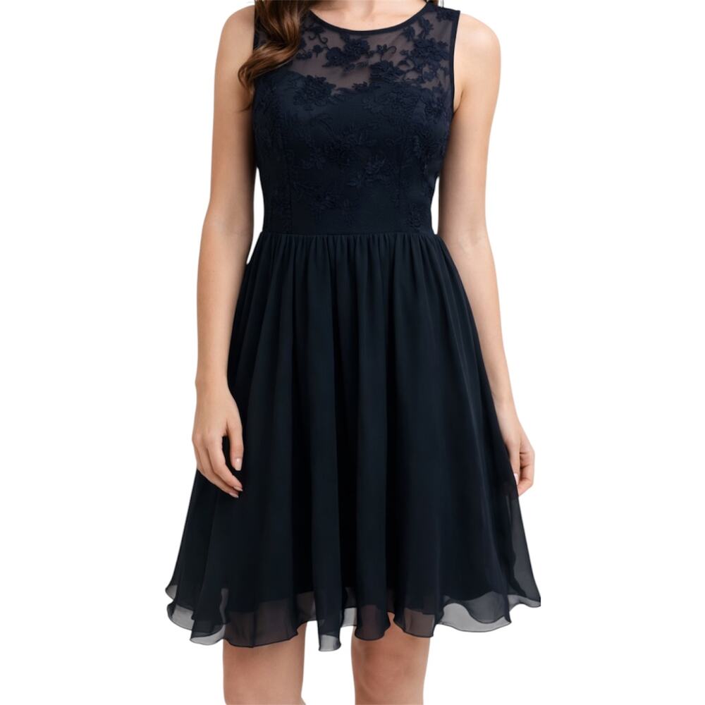 Azazie Floral Fit & Flare Dress Lace Illusion Chiffon Sweetheart Navy Medium